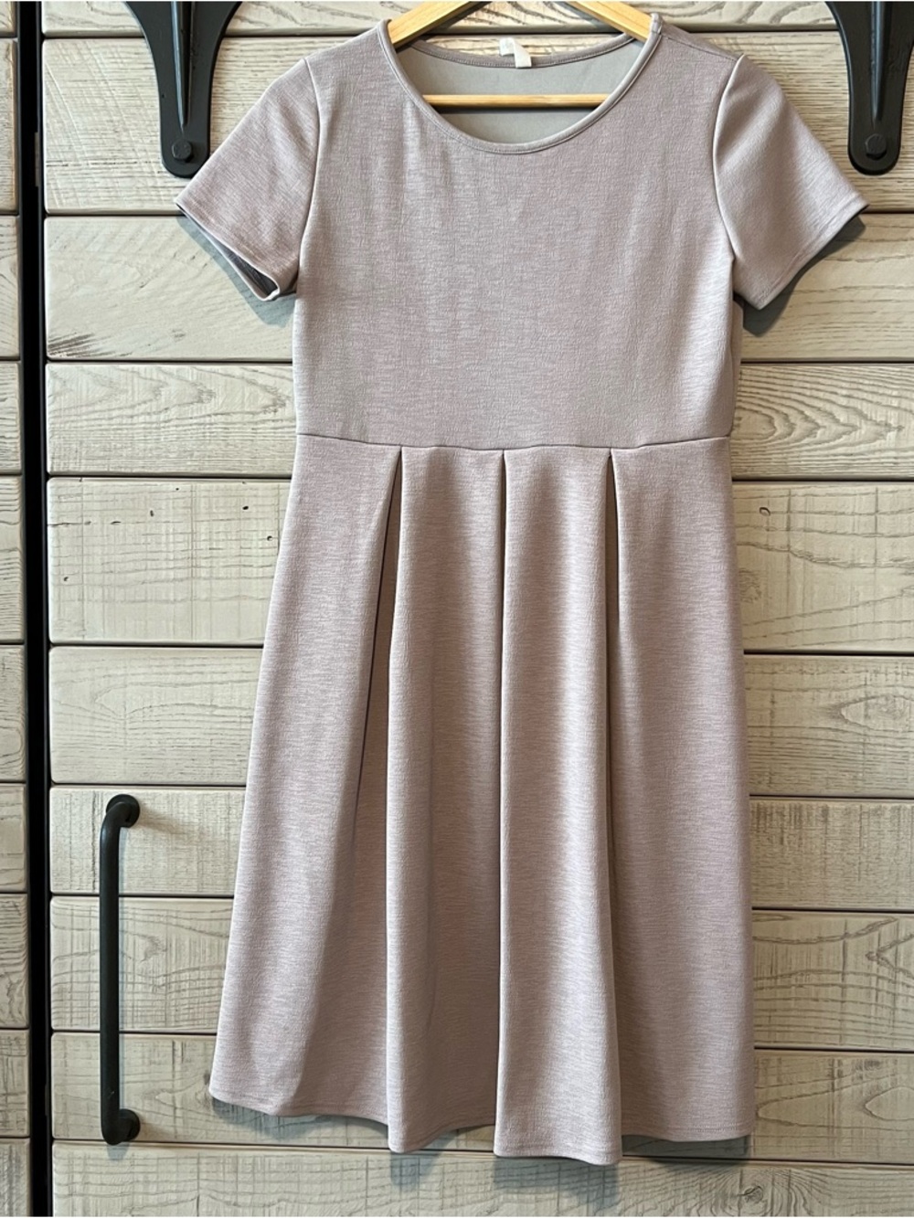 PinkBlush Maternity Short-Sleeve Taupe Fit & Flare Pleated Skirt Dress